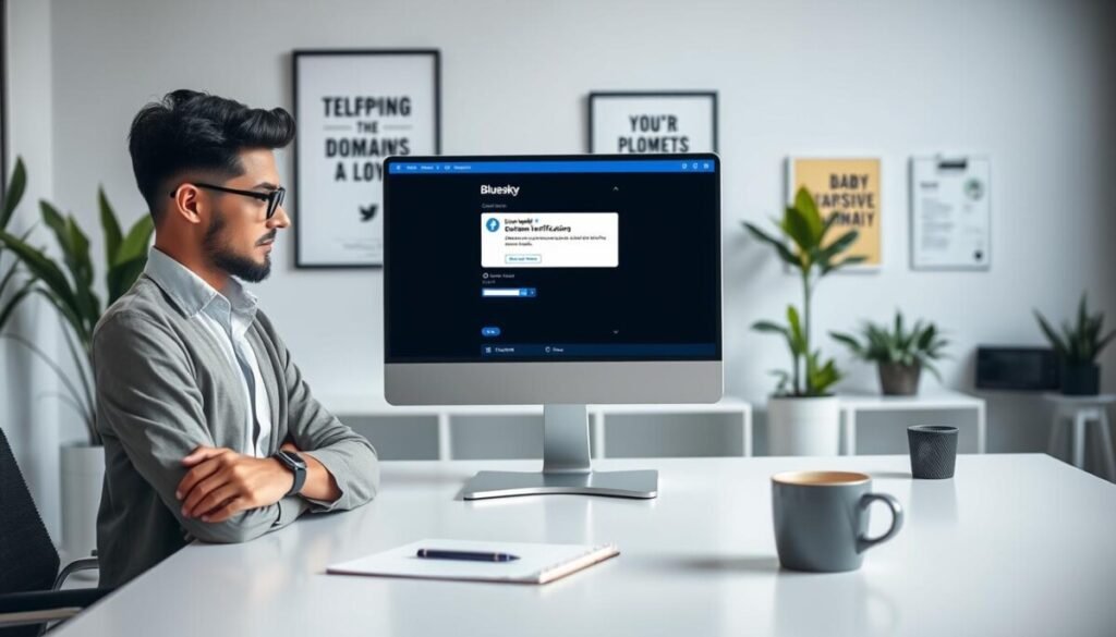 A professional workspace scene featuring a sleek computer monitor displaying the Bluesky social media interface highlighted with a custom domain verification message. In the foreground, a confident individual in smart-casual attire is intently focused on the screen, with a thoughtful expression. The middle ground showcases a clean desk adorned with a notepad, a pen, and a cup of coffee, emphasizing productivity and focus. The background features soft lighting with a modern, minimalistic office environment, complete with motivational posters and green plants, creating an uplifting atmosphere. The overall mood is one of empowerment and professionalism, inviting viewers to consider the significance of domain verification. A professional workspace scene featuring a sleek computer monitor displaying the Bluesky social media interface highlighted with a custom domain verification message. In the foreground, a confident individual in smart-casual attire is intently focused on the screen, with a thoughtful expression. The middle ground showcases a clean desk adorned with a notepad, a pen, and a cup of coffee, emphasizing productivity and focus. The background features soft lighting with a modern, minimalistic office environment, complete with motivational posters and green plants, creating an uplifting atmosphere. The overall mood is one of empowerment and professionalism, inviting viewers to consider the significance of domain verification.