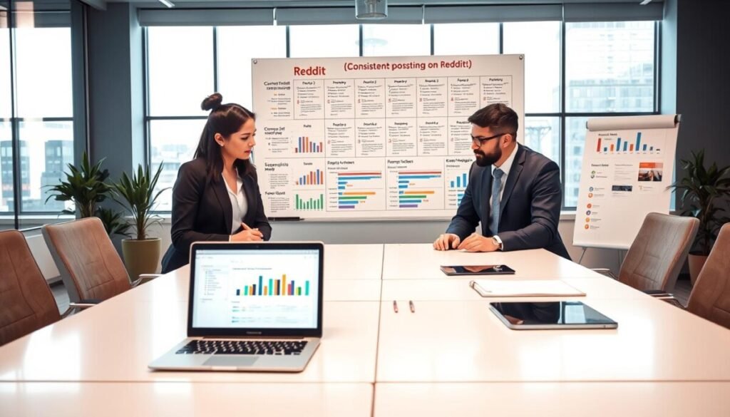 A professional workspace scene illustrating the concept of consistent posting on Reddit. In the foreground, a diverse group of three professionals—two women and one man—are engaged in a brainstorming session around a sleek conference table. They are dressed in smart business attire, looking focused and collaborating on a laptop, which displays Reddit analytics. The middle layer includes a large whiteboard filled with colorful, organized data charts and timelines reflecting posting schedules and engagement metrics. The background features modern office decor with soft, natural lighting streaming through large windows, creating a bright and inviting atmosphere. The overall mood conveys productivity and teamwork, emphasizing the analytical approach to social media strategy without any distractions. A professional workspace scene illustrating the concept of consistent posting on Reddit. In the foreground, a diverse group of three professionals—two women and one man—are engaged in a brainstorming session around a sleek conference table. They are dressed in smart business attire, looking focused and collaborating on a laptop, which displays Reddit analytics. The middle layer includes a large whiteboard filled with colorful, organized data charts and timelines reflecting posting schedules and engagement metrics. The background features modern office decor with soft, natural lighting streaming through large windows, creating a bright and inviting atmosphere. The overall mood conveys productivity and teamwork, emphasizing the analytical approach to social media strategy without any distractions.