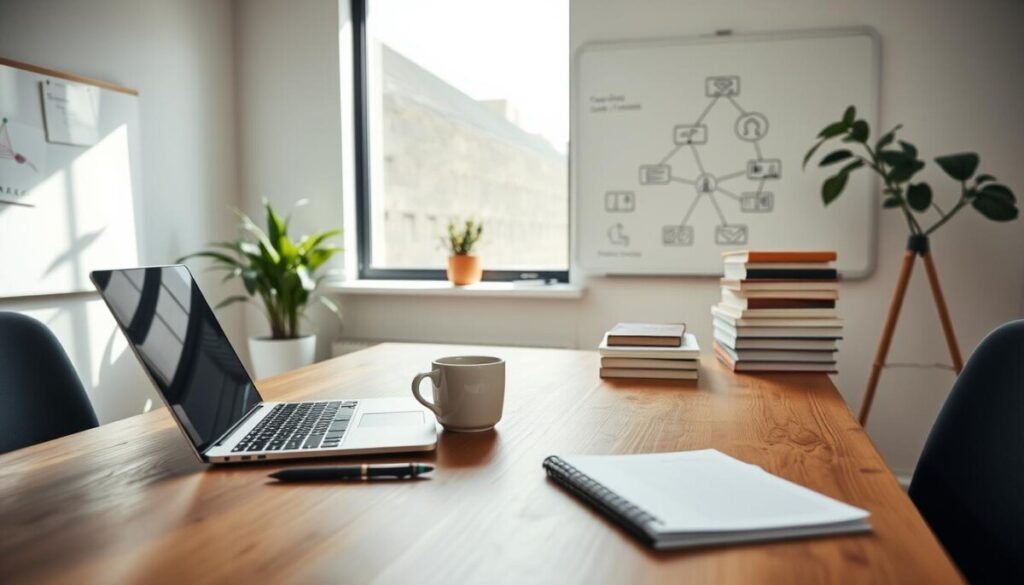 A professional workspace scene illustrating the relationships between various objects. In the foreground, a wooden table with a neatly arranged laptop, a notebook, and a coffee cup, symbolizing productivity. In the middle ground, a large window with soft natural light filtering in, casting gentle shadows and highlighting the meticulous placement of a potted plant and a stack of books. In the background, a whiteboard filled with diagrams of interconnected ideas, showcasing the theme of relationships and placements. The atmosphere is serene and conducive to focus, capturing a sense of clarity and organization. Use a wide-angle lens for depth, with a soft depth of field to emphasize the foreground, ensuring no text or markings are present in the image. A professional workspace scene illustrating the relationships between various objects. In the foreground, a wooden table with a neatly arranged laptop, a notebook, and a coffee cup, symbolizing productivity. In the middle ground, a large window with soft natural light filtering in, casting gentle shadows and highlighting the meticulous placement of a potted plant and a stack of books. In the background, a whiteboard filled with diagrams of interconnected ideas, showcasing the theme of relationships and placements. The atmosphere is serene and conducive to focus, capturing a sense of clarity and organization. Use a wide-angle lens for depth, with a soft depth of field to emphasize the foreground, ensuring no text or markings are present in the image.