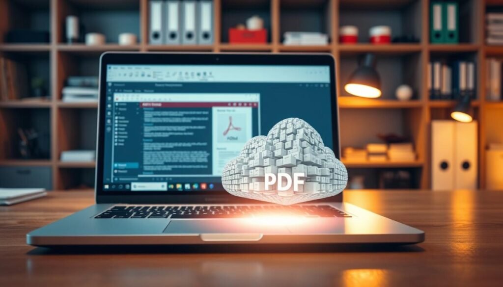 A professional workspace with a sleek, modern desk featuring an open laptop displaying Adobe Acrobat software in use. In the foreground, a digital representation of a PDF file, symbolizing compression, is illustrated as a cloud of small blocks converging towards a center point, indicating the reduction of file size. In the middle ground, a soft, glowing light emanates from the laptop screen, casting a warm, focused illumination on the workspace. The background showcases shelves with neatly organized office supplies and books, creating an atmosphere of productivity and efficiency. The overall mood is focused and professional, emphasizing the technical aspect of compressing PDFs without losing quality. The image should be well-lit, with a shallow depth of field, focusing on the laptop and the PDF representation. A professional workspace with a sleek, modern desk featuring an open laptop displaying Adobe Acrobat software in use. In the foreground, a digital representation of a PDF file, symbolizing compression, is illustrated as a cloud of small blocks converging towards a center point, indicating the reduction of file size. In the middle ground, a soft, glowing light emanates from the laptop screen, casting a warm, focused illumination on the workspace. The background showcases shelves with neatly organized office supplies and books, creating an atmosphere of productivity and efficiency. The overall mood is focused and professional, emphasizing the technical aspect of compressing PDFs without losing quality. The image should be well-lit, with a shallow depth of field, focusing on the laptop and the PDF representation.