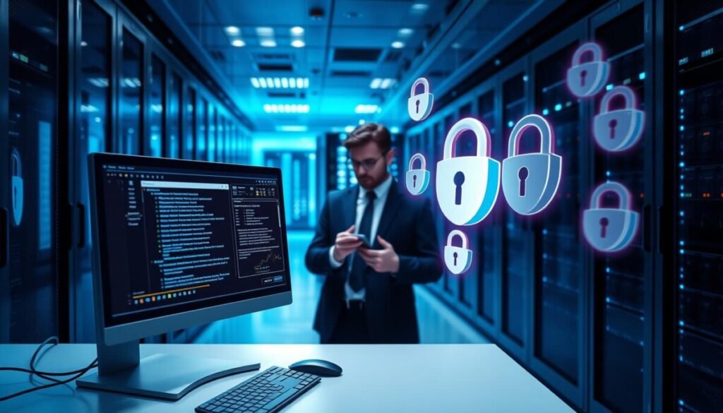 A secure data center environment showcasing the concept of security for digital files. In the foreground, a modern computer workstation features a dual monitor display with cybersecurity software interfaces visible, conveying data privacy. In the middle ground, a professional in business attire is analyzing encrypted files, surrounded by virtual security elements like floating shields and locks, rendered in a sleek, high-tech style. The background reveals a sophisticated server room with flashing LED lights, neatly arranged servers, and a calm blue ambiance that evokes trust and safety. Soft, diffused lighting enhances the atmosphere, giving a feeling of protection and reliability, with the focus centered on the central figures and elements related to secure file transfer. A secure data center environment showcasing the concept of security for digital files. In the foreground, a modern computer workstation features a dual monitor display with cybersecurity software interfaces visible, conveying data privacy. In the middle ground, a professional in business attire is analyzing encrypted files, surrounded by virtual security elements like floating shields and locks, rendered in a sleek, high-tech style. The background reveals a sophisticated server room with flashing LED lights, neatly arranged servers, and a calm blue ambiance that evokes trust and safety. Soft, diffused lighting enhances the atmosphere, giving a feeling of protection and reliability, with the focus centered on the central figures and elements related to secure file transfer.