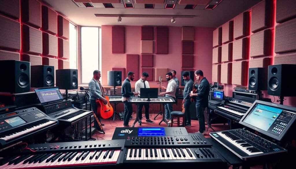 A serene and inspiring studio setting showcasing a digital audio workstation filled with vibrant colors. In the foreground, an array of sleek musical instruments, such as a keyboard, guitar, and mixing console, set a creative tone. In the middle layer, a diverse group of professional musicians and producers, dressed in smart casual attire, collaborate around the workspace, intently focused on creating and customizing instrumental tracks. The background features soundproof walls adorned with acoustic panels and a large window letting in soft, diffused natural light, creating a warm and inviting atmosphere. The overall mood is one of creativity and innovation, reflecting a space where technology and music merge seamlessly. The scene is captured with a slightly elevated angle, emphasizing collaboration and customization in music production. A serene and inspiring studio setting showcasing a digital audio workstation filled with vibrant colors. In the foreground, an array of sleek musical instruments, such as a keyboard, guitar, and mixing console, set a creative tone. In the middle layer, a diverse group of professional musicians and producers, dressed in smart casual attire, collaborate around the workspace, intently focused on creating and customizing instrumental tracks. The background features soundproof walls adorned with acoustic panels and a large window letting in soft, diffused natural light, creating a warm and inviting atmosphere. The overall mood is one of creativity and innovation, reflecting a space where technology and music merge seamlessly. The scene is captured with a slightly elevated angle, emphasizing collaboration and customization in music production.