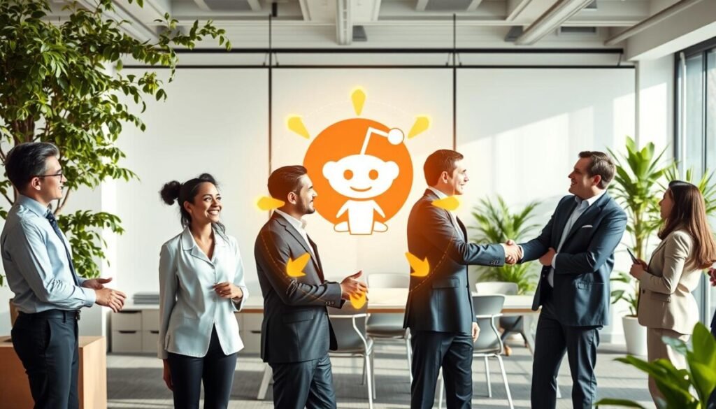 A serene, balanced composition illustrating the concept of "karma." In the foreground, a diverse group of business professionals in smart casual clothing are exchanging ideas, smiling and shaking hands, symbolizing positive interactions and reputation building. In the middle ground, a digital representation of karma, such as a cycle of intertwined arrows or spheres, radiates a warm, golden glow, signifying the impact of positive actions. The background features a subtle depiction of the Reddit logo, integrated harmoniously into a tranquil office environment adorned with greenery. Soft, natural lighting casts gentle shadows, creating an inviting atmosphere. The overall mood is uplifting and professional, emphasizing the importance of community and mutual benefit in online engagement.