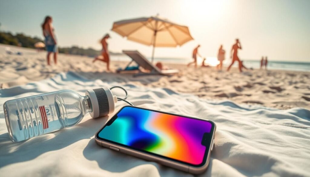 A serene beach scene during midday, featuring a modern smartphone resting on a soft, light-colored beach towel. In the foreground, include a clear bottle of water and a small, portable fan aimed at the phone, suggesting ways to keep it cool. The phone’s screen displays a bright, colorful wallpaper, reflecting the sunny atmosphere. In the middle ground, a sun umbrella casts a gentle shadow over the setup, while beachgoers in modest casual clothing play in the background, enjoying the sun and surf. Use natural lighting to enhance the vibrant colors of the beach, with the sun shining brightly overhead, creating a warm and inviting ambiance. The angle should be slightly above the setup, capturing the full scene without distractions or text elements.