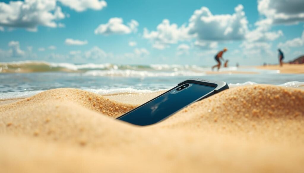 A serene beach scene focusing on a smartphone nestled in a protective waterproof case, partially buried in soft, golden sand close to gentle waves washing ashore. In the foreground, the phone is prominently displayed, showcasing its sleek design while emphasizing its sturdy protection against sand and water. In the middle ground, wisps of foam from the waves gently lapping at the edges of the sand create a dynamic feel of the beach environment. The background features a bright blue sky with fluffy white clouds, and distant beachgoers enjoying the sun, conveying a vibrant yet relaxed summer atmosphere. The lighting is warm and inviting, simulating the glow of a sunny afternoon. The composition is from a slightly elevated angle, capturing both the peaceful sand and water ambiance while highlighting the phone's safety features.