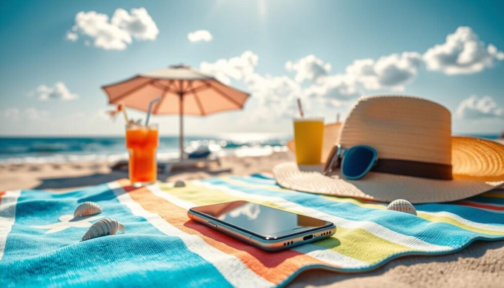 A serene beach setting under a sunny sky, showcasing a smartphone resting on a colorful beach towel. In the foreground, the phone is positioned on a towel with a stylish sunhat and a refreshing drink beside it, emphasizing a relaxed atmosphere. The sunlight casts soft, warm tones, creating a cheerful mood while shadows gently play on the sand. In the middle ground, a beach umbrella provides shade, and a few seashells are scattered around, enhancing the beach vibe. In the background, gentle ocean waves lap the shore, with a clear blue sky dotted with fluffy white clouds. The composition captures an ideal environment for keeping a phone cool at the beach, emphasizing tranquility and fun without distractions.