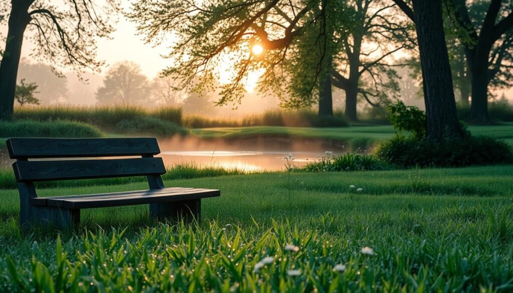 A serene early morning landscape showcasing a tranquil park setting. In the foreground, dew-kissed grass glistens under the gentle light of dawn, with soft light illuminating a worn wooden bench inviting viewers to sit and reflect. In the middle ground, delicate wildflowers bloom, creating a splash of color amidst lush greenery. A gentle mist curls above a peaceful pond, where the soft ripple of water reflects the pastel hues of the sky—light pink, soft orange, and pale blue. In the background, trees stand tall, their leaves shimmering with morning dew, while the sun lightly breaks through the branches, casting dappled shadows on the ground. The atmosphere evokes a sense of calm and possibility, perfect for planning a quiet morning routine or thoughtful online engagement. A serene early morning landscape showcasing a tranquil park setting. In the foreground, dew-kissed grass glistens under the gentle light of dawn, with soft light illuminating a worn wooden bench inviting viewers to sit and reflect. In the middle ground, delicate wildflowers bloom, creating a splash of color amidst lush greenery. A gentle mist curls above a peaceful pond, where the soft ripple of water reflects the pastel hues of the sky—light pink, soft orange, and pale blue. In the background, trees stand tall, their leaves shimmering with morning dew, while the sun lightly breaks through the branches, casting dappled shadows on the ground. The atmosphere evokes a sense of calm and possibility, perfect for planning a quiet morning routine or thoughtful online engagement.