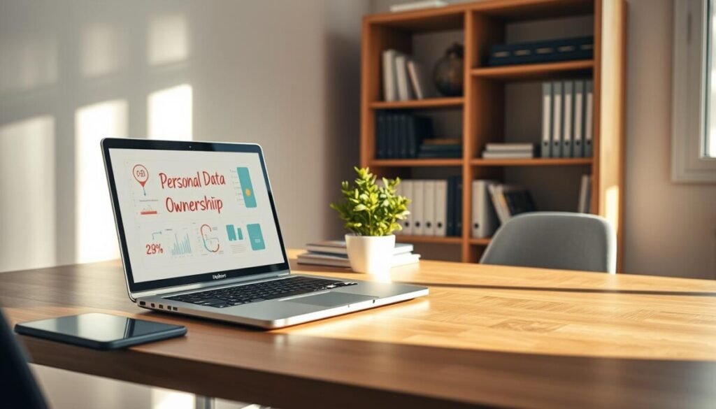 A serene home office setting represents the theme of local data ownership. In the foreground, a sleek wooden desk holds a modern laptop displaying graphs and data flow diagrams, symbolizing personal data management. A stack of neatly organized notebooks and a smart device, like a tablet, lies beside the laptop. In the middle, a potted plant adds a touch of nature, while a sophisticated bookshelf in the background displays reference books on data privacy and organization strategies. Soft, natural light spills in from a nearby window, casting gentle shadows and creating a calm atmosphere. The mood is inspiring and focused, emphasizing the empowerment of individuals taking control of their data in a personal workspace. The perspective is slightly angled to provide depth, highlighting the importance of a well-curated environment for productivity. A serene home office setting represents the theme of local data ownership. In the foreground, a sleek wooden desk holds a modern laptop displaying graphs and data flow diagrams, symbolizing personal data management. A stack of neatly organized notebooks and a smart device, like a tablet, lies beside the laptop. In the middle, a potted plant adds a touch of nature, while a sophisticated bookshelf in the background displays reference books on data privacy and organization strategies. Soft, natural light spills in from a nearby window, casting gentle shadows and creating a calm atmosphere. The mood is inspiring and focused, emphasizing the empowerment of individuals taking control of their data in a personal workspace. The perspective is slightly angled to provide depth, highlighting the importance of a well-curated environment for productivity.