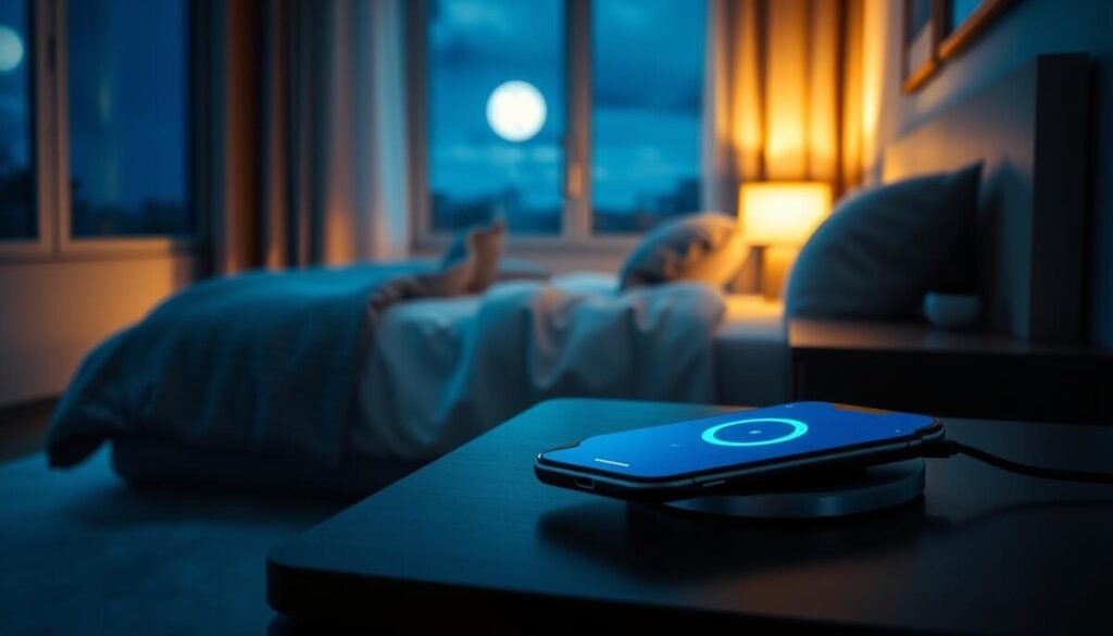 A serene nighttime scene depicting a modern bedroom with soft, ambient lighting. In the foreground, a smartphone is resting on a sleek nightstand, connected to a stylish charger, showing the charging icon on its screen. The middle ground features a cozy bed with fluffy pillows and a softly glowing bedside lamp, creating a calming atmosphere. In the background, a window reveals a moonlit sky, enhancing the tranquil feel. The colors should be warm and inviting, with a focus on blues and soft whites to evoke a sense of peace. The overall mood should convey safety and assurance, illustrating best practices for charging devices overnight, ensuring comfort and technology coexist harmoniously.