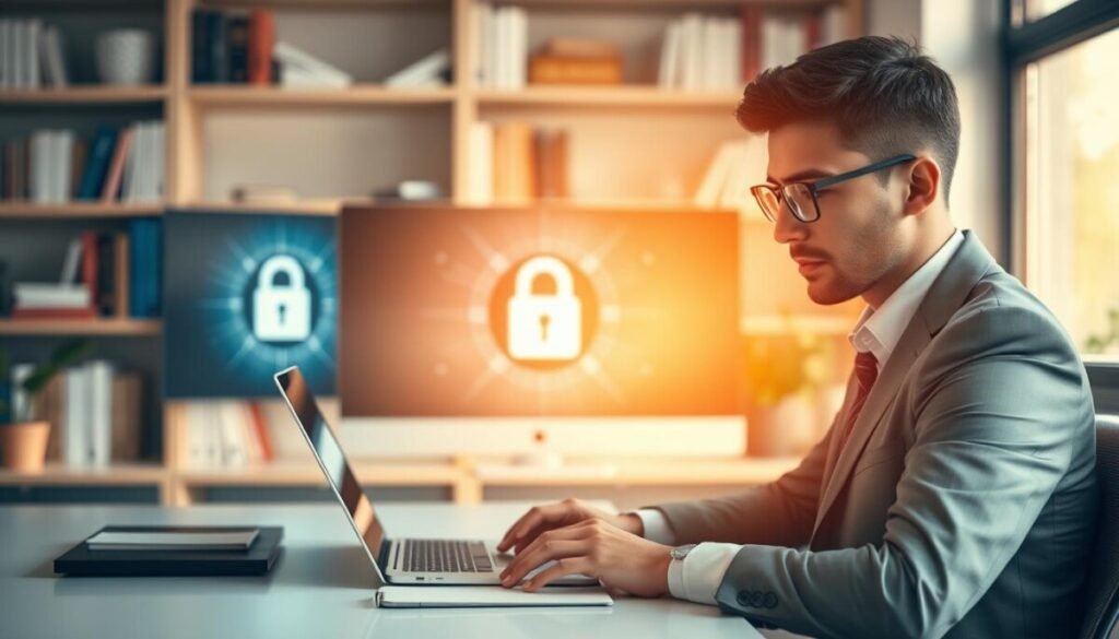 A serene office environment focusing on digital privacy. In the foreground, a professional sitting at a sleek, modern desk with a laptop, wearing smart business attire. Their face is illuminated by soft, warm light, highlighting their focused expression as they review privacy settings on the screen. In the middle, a gently blurred computer monitor displays an abstract lock symbol, representing data security. The background features a bookshelf lined with books on technology and privacy, bathed in soft, natural light from a nearby window, creating a calm, focused atmosphere. The image conveys a mood of professionalism and trust, emphasizing the importance of privacy in the context of AI technology.