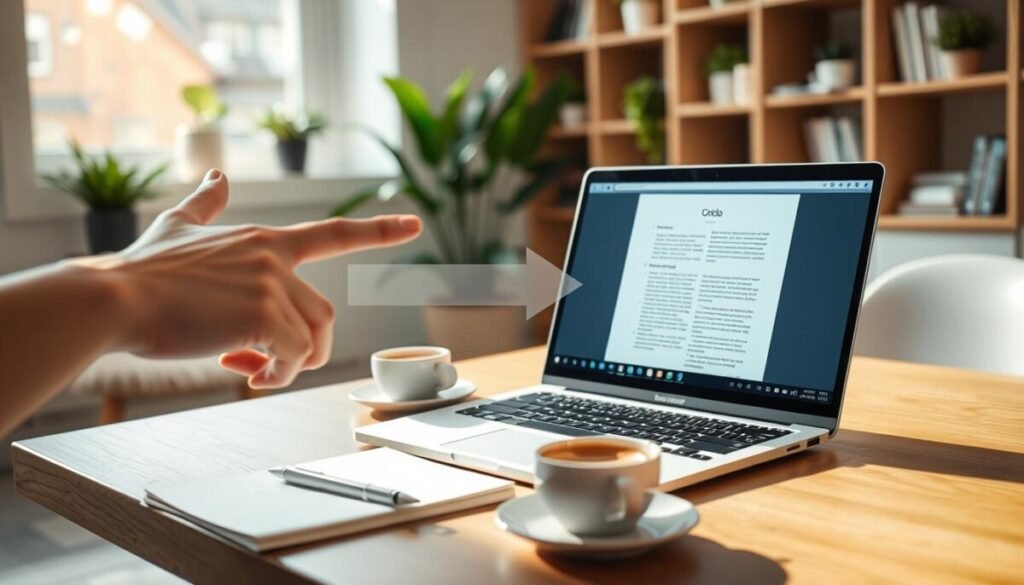 A serene office setting featuring a sleek laptop open to a Google Docs interface displaying two versions of a document side by side. In the foreground, a hand reaches towards the screen, illustrating the action of restoring a previous version with a translucent undo arrow overlay. In the middle, a modern desk with a notepad, a pen, and a steaming cup of coffee creates a warm atmosphere. The background includes soft-focus bookshelves with potted plants, adding a touch of greenery. Natural light streams through a window, casting gentle shadows, while a hint of excitement and clarity fills the scene, emphasizing the empowerment of utilizing version history in a relaxed yet productive workspace.