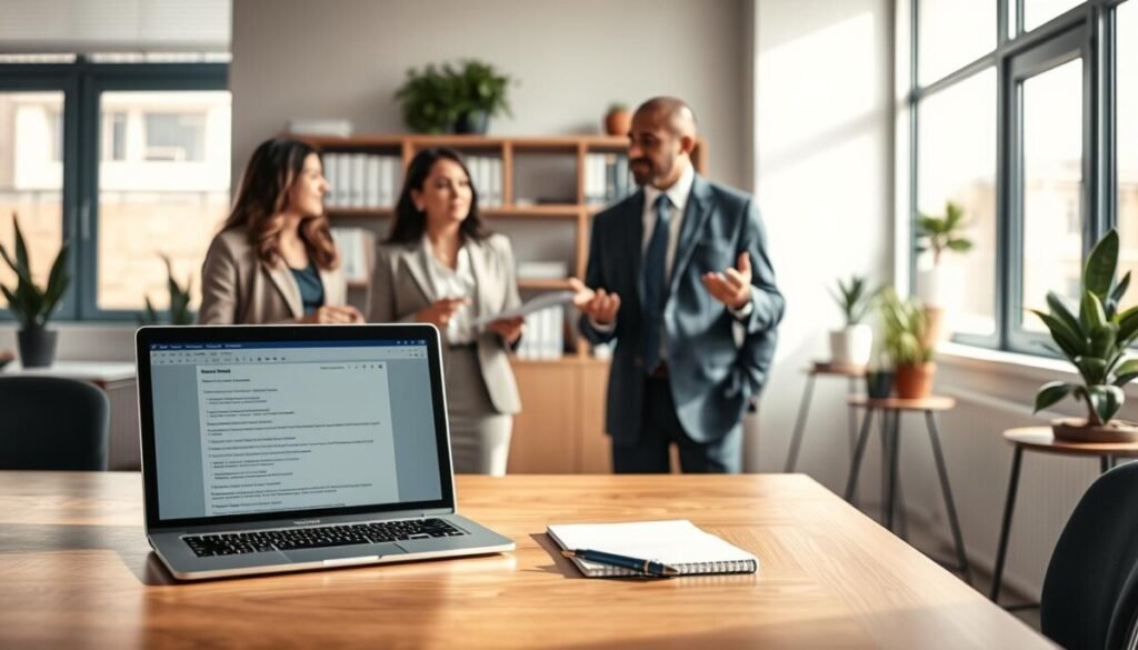 A serene office setting illuminated by soft, natural light filtering through large windows. In the foreground, a modern wooden desk features a sleek laptop open with transcription software visible on the screen. To one side, a notepad and pen lie invitingly, suggesting a thoughtful moment. In the middle ground, a diverse group of three professionals in smart business attire—two women and one man—engaged in a discussion, their expressions focused and collaborative. One of them gestures animatedly, while another takes notes. The background showcases a bookshelf filled with reference materials, along with a few potted plants adding a touch of tranquility. The overall atmosphere is one of productivity and teamwork, evoking the essence of effective transcription in a professional environment. A serene office setting illuminated by soft, natural light filtering through large windows. In the foreground, a modern wooden desk features a sleek laptop open with transcription software visible on the screen. To one side, a notepad and pen lie invitingly, suggesting a thoughtful moment. In the middle ground, a diverse group of three professionals in smart business attire—two women and one man—engaged in a discussion, their expressions focused and collaborative. One of them gestures animatedly, while another takes notes. The background showcases a bookshelf filled with reference materials, along with a few potted plants adding a touch of tranquility. The overall atmosphere is one of productivity and teamwork, evoking the essence of effective transcription in a professional environment.