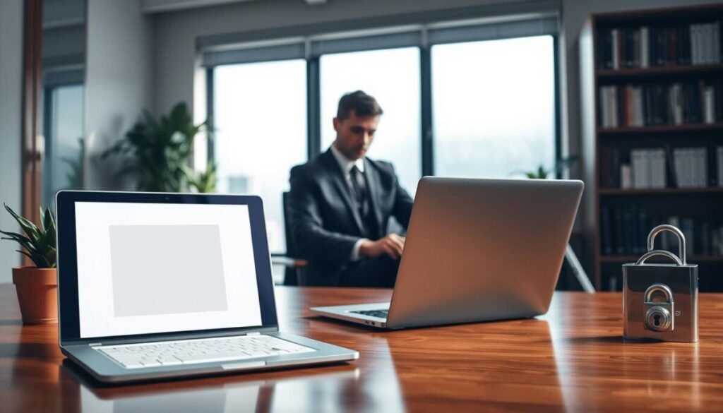 A serene office setting that emphasizes the theme of privacy and data security. In the foreground, a sleek laptop sits open on a polished wooden desk, displaying a blurred document to symbolize anonymous content. Nearby, a potted plant adds a touch of life and tranquility. In the middle ground, a blurred figure dressed in professional business attire sits thoughtfully, their face out of focus to maintain anonymity, typing on the laptop. Soft, diffused natural light filters in through a frosted window, casting gentle reflections on the desk. In the background, shelves lined with books convey knowledge and security, while a small lockbox subtly hints at data protection. The overall mood is one of calm focus, promoting a safe and secure environment for navigating digital privacy.