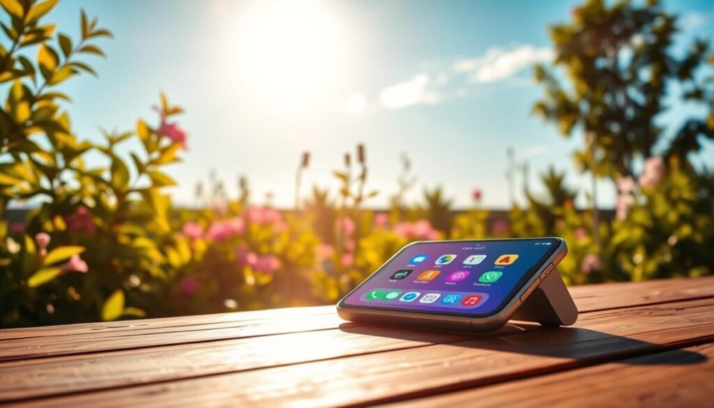A serene outdoor scene depicting the intense effects of direct sunlight on a smartphone placed on a wooden table. In the foreground, the phone can be seen with its screen brightly illuminated, reflecting vibrant colors of app icons, while showing signs of overheating, such as slight heat distortion. The middle ground features a lush garden with vibrant green leaves and blooming flowers, all bathed in golden sunlight that casts soft, warm beams. In the background, a clear blue sky with a few wispy clouds enhances the feeling of a bright day. The lighting emphasizes the contrast between the vivid colors and the harshness of the sun. The mood is energetic yet cautionary, illustrating the relationship between devices and environmental heat. A serene outdoor scene depicting the intense effects of direct sunlight on a smartphone placed on a wooden table. In the foreground, the phone can be seen with its screen brightly illuminated, reflecting vibrant colors of app icons, while showing signs of overheating, such as slight heat distortion. The middle ground features a lush garden with vibrant green leaves and blooming flowers, all bathed in golden sunlight that casts soft, warm beams. In the background, a clear blue sky with a few wispy clouds enhances the feeling of a bright day. The lighting emphasizes the contrast between the vivid colors and the harshness of the sun. The mood is energetic yet cautionary, illustrating the relationship between devices and environmental heat.