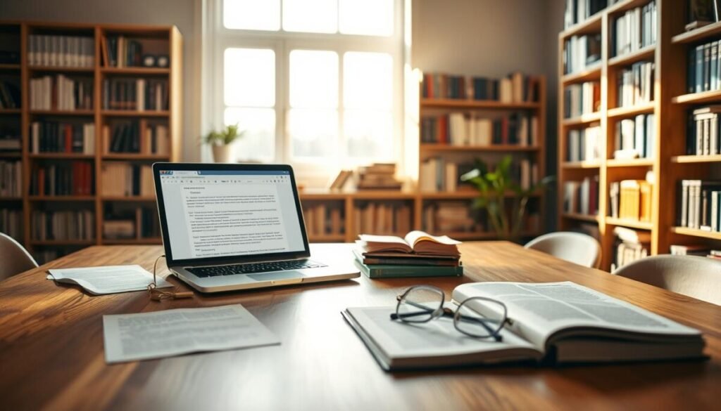 A serene, professional workspace illustrating the concept of "reading level" in the context of long-form text editing tools. In the foreground, a sleek wooden desk hosts an open laptop displaying an AI text editor interface, with text documents and colorful notes scattered around. A pair of reading glasses rests next to a stack of well-worn books on writing. In the middle ground, a softly lit bookshelf filled with various books on writing techniques and editing strategies adds depth. The background features a large window allowing natural light to flood the area, casting soft shadows. The atmosphere is calm and focused, evoking a sense of productivity and creativity, perfect for mastering writing tools. Use a warm color palette for a cozy feel and capture it with a slightly blurred focus to emphasize the workspace ambiance. A serene, professional workspace illustrating the concept of "reading level" in the context of long-form text editing tools. In the foreground, a sleek wooden desk hosts an open laptop displaying an AI text editor interface, with text documents and colorful notes scattered around. A pair of reading glasses rests next to a stack of well-worn books on writing. In the middle ground, a softly lit bookshelf filled with various books on writing techniques and editing strategies adds depth. The background features a large window allowing natural light to flood the area, casting soft shadows. The atmosphere is calm and focused, evoking a sense of productivity and creativity, perfect for mastering writing tools. Use a warm color palette for a cozy feel and capture it with a slightly blurred focus to emphasize the workspace ambiance.
