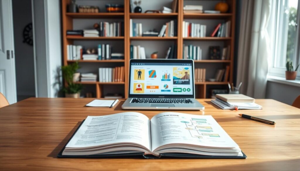 A serene workspace featuring a beautifully designed note-taking system that balances structure and creativity. In the foreground, a sleek wooden desk holds an open notebook filled with neatly arranged notes alongside colorful mind maps, both structured and organic. The middle ground showcases a modern laptop displaying digital notes with striking visuals that emphasize flexibility. In the background, a well-organized bookshelf holds various resources and stationery, enhancing the idea of knowledge. Soft, natural light streams in through a large window, creating a warm and inviting atmosphere. The overall mood is one of calm productivity, where order meets creativity, emphasizing the idea of a second brain that efficiently captures thoughts and ideas. A serene workspace featuring a beautifully designed note-taking system that balances structure and creativity. In the foreground, a sleek wooden desk holds an open notebook filled with neatly arranged notes alongside colorful mind maps, both structured and organic. The middle ground showcases a modern laptop displaying digital notes with striking visuals that emphasize flexibility. In the background, a well-organized bookshelf holds various resources and stationery, enhancing the idea of knowledge. Soft, natural light streams in through a large window, creating a warm and inviting atmosphere. The overall mood is one of calm productivity, where order meets creativity, emphasizing the idea of a second brain that efficiently captures thoughts and ideas.