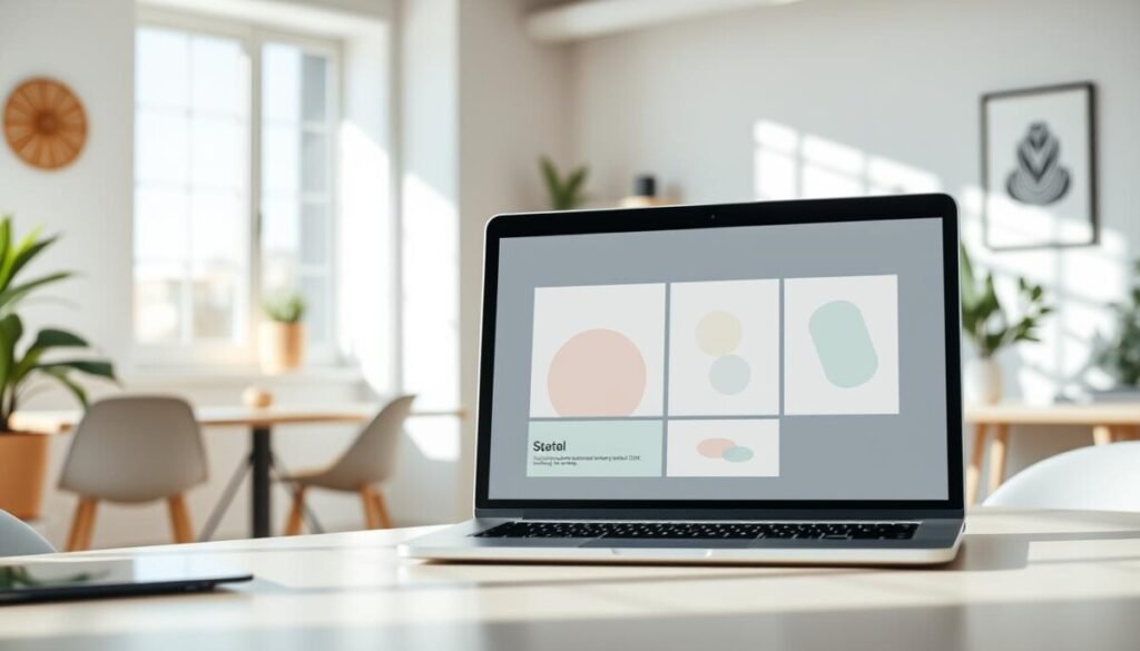 A serene workspace featuring a collection of stylish pastel minimalist slides displayed on a sleek laptop. The foreground should highlight a soft color palette of muted pinks, soft blues, and gentle greens, showcasing clean lines and simple geometric shapes. In the background, a sunlit room with light wooden accents and modern decor creates a calm and inviting atmosphere. The image should be captured from a slightly elevated angle, emphasizing the slides on the screen while allowing the workspace's ambiance to shine through. Soft, natural lighting should cast gentle shadows, enhancing the minimalist aesthetic. The overall mood is professional yet relaxed, perfect for a creative presentation environment. A serene workspace featuring a collection of stylish pastel minimalist slides displayed on a sleek laptop. The foreground should highlight a soft color palette of muted pinks, soft blues, and gentle greens, showcasing clean lines and simple geometric shapes. In the background, a sunlit room with light wooden accents and modern decor creates a calm and inviting atmosphere. The image should be captured from a slightly elevated angle, emphasizing the slides on the screen while allowing the workspace's ambiance to shine through. Soft, natural lighting should cast gentle shadows, enhancing the minimalist aesthetic. The overall mood is professional yet relaxed, perfect for a creative presentation environment.