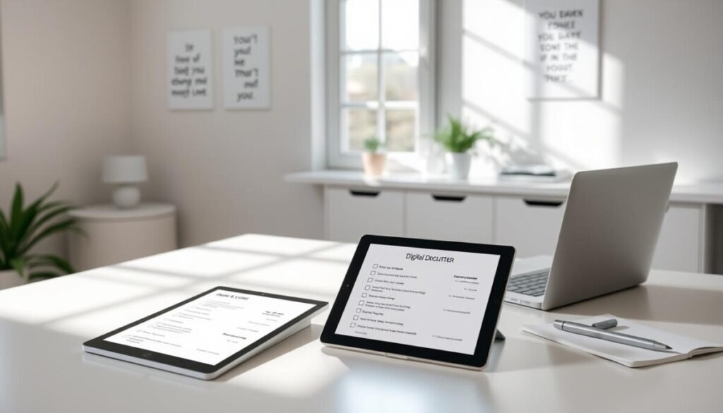 A serene workspace featuring a digital declutter checklist laid out on a sleek, modern desk. The foreground shows a minimalist, organized desk with a tablet displaying the checklist, alongside a stylish laptop, a notepad, and a pen. In the middle ground, soft morning light filters through a window, casting gentle shadows that enhance the tranquil atmosphere. The background reveals an uncluttered wall adorned with inspirational quotes and a small, potted plant, suggesting calmness and focus. The color palette includes soft whites, light grays, and pastel accents, creating an inviting ambiance. The entire scene captures the essence of preparation and mindfulness, ideal for approaching a digital declutter with clarity and intent.