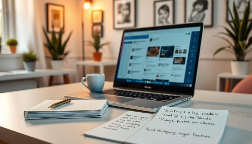 A serene workspace featuring a sleek computer desk with a modern laptop open to the Bluesky social media interface, displaying scheduled posts. In the foreground, a stylish planner and a cup of coffee are placed beside the laptop, emphasizing productivity. The middle layer showcases a notepad filled with notes on scheduling strategies and third-party tools, neatly organized. The background reveals a softly lit room with a calming color palette, adorned with potted plants and wall art related to social media themes. The warm, ambient lighting filters through a window, creating a tranquil yet focused atmosphere, ideal for planning and creativity. The scene embodies professionalism and efficiency, inviting viewers to explore the concept of scheduling posts effectively. A serene workspace featuring a sleek computer desk with a modern laptop open to the Bluesky social media interface, displaying scheduled posts. In the foreground, a stylish planner and a cup of coffee are placed beside the laptop, emphasizing productivity. The middle layer showcases a notepad filled with notes on scheduling strategies and third-party tools, neatly organized. The background reveals a softly lit room with a calming color palette, adorned with potted plants and wall art related to social media themes. The warm, ambient lighting filters through a window, creating a tranquil yet focused atmosphere, ideal for planning and creativity. The scene embodies professionalism and efficiency, inviting viewers to explore the concept of scheduling posts effectively.