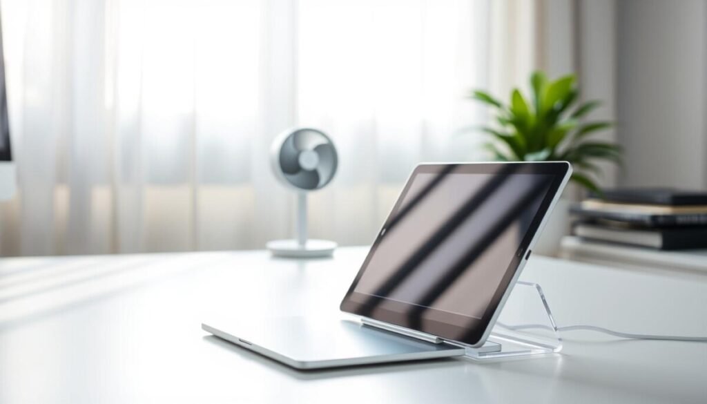 A serene workspace featuring a stylish, silver iPad resting on a clean, white desk. In the foreground, a sleek, transparent iPad cooling stand is prominently displayed, showcasing air circulation. The middle ground features a soft-focus view of a small, quiet fan gently blowing air toward the device, with subtle sunlight filtering through sheer curtains to create a warm, inviting glow. In the background, a potted plant adds a touch of greenery, symbolizing a fresh, cool environment. The lighting is bright but diffused, highlighting the iPad without harsh glare. The overall atmosphere is calm and professional, suggesting a productive space where one can focus on keeping devices cool and functioning optimally. A serene workspace featuring a stylish, silver iPad resting on a clean, white desk. In the foreground, a sleek, transparent iPad cooling stand is prominently displayed, showcasing air circulation. The middle ground features a soft-focus view of a small, quiet fan gently blowing air toward the device, with subtle sunlight filtering through sheer curtains to create a warm, inviting glow. In the background, a potted plant adds a touch of greenery, symbolizing a fresh, cool environment. The lighting is bright but diffused, highlighting the iPad without harsh glare. The overall atmosphere is calm and professional, suggesting a productive space where one can focus on keeping devices cool and functioning optimally.