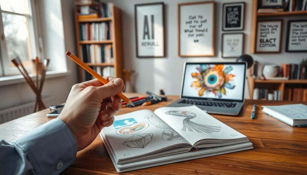 A serene workspace featuring a wooden desk with a sketchbook open, showing artistic designs and colorful pencil sketches. In the foreground, a hand, dressed in a professional business shirt, hovers over the sketchbook, holding a pencil poised to draw. In the middle ground, a laptop displays a stunning AI-generated artwork surrounded by art supplies like paintbrushes and markers. The background features a softly lit bookshelf filled with art books and inspirational quotes framed on the wall. Natural light streams in from a nearby window, creating a warm and inviting atmosphere. The scene embodies a mood of creativity and continuous learning, perfect for skill improvement in the realm of AI art generation. A serene workspace featuring a wooden desk with a sketchbook open, showing artistic designs and colorful pencil sketches. In the foreground, a hand, dressed in a professional business shirt, hovers over the sketchbook, holding a pencil poised to draw. In the middle ground, a laptop displays a stunning AI-generated artwork surrounded by art supplies like paintbrushes and markers. The background features a softly lit bookshelf filled with art books and inspirational quotes framed on the wall. Natural light streams in from a nearby window, creating a warm and inviting atmosphere. The scene embodies a mood of creativity and continuous learning, perfect for skill improvement in the realm of AI art generation.
