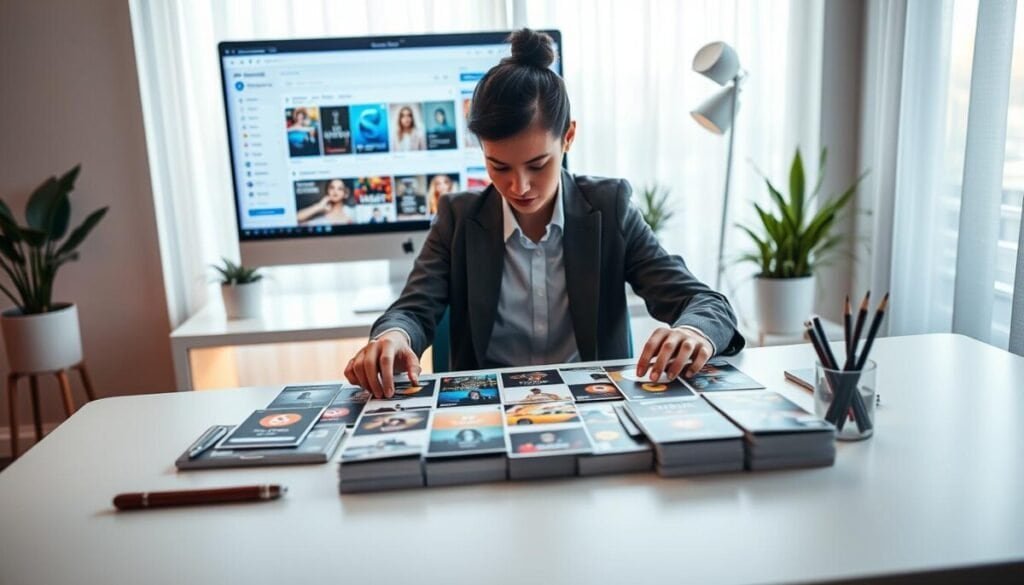 A serene workspace focused on the theme of social media curation. In the foreground, a person dressed in smart casual attire sits at a sleek modern desk, intently organizing colorful digital content cards that represent various social media posts. Soft ambient light filters through a large window in the background, creating a warm, inviting atmosphere. The middle layer features a computer monitor displaying a vibrant interface with visuals of feed customization options. Potted plants and stylish stationery add a touch of professionalism to the scene. The camera angle is slightly elevated, capturing both the subject's meticulous process and the lively content being curated. The overall mood is productive and inspiring, emphasizing the importance of personalizing one's social media experience. A serene workspace focused on the theme of social media curation. In the foreground, a person dressed in smart casual attire sits at a sleek modern desk, intently organizing colorful digital content cards that represent various social media posts. Soft ambient light filters through a large window in the background, creating a warm, inviting atmosphere. The middle layer features a computer monitor displaying a vibrant interface with visuals of feed customization options. Potted plants and stylish stationery add a touch of professionalism to the scene. The camera angle is slightly elevated, capturing both the subject's meticulous process and the lively content being curated. The overall mood is productive and inspiring, emphasizing the importance of personalizing one's social media experience.
