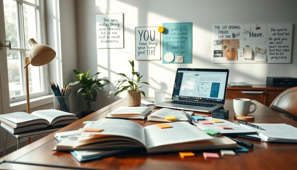 A serene workspace illustrating an "adapting notes system" during a life transition. In the foreground, an elegant wooden desk cluttered with open notebooks, pens, and colorful sticky notes, emphasizing organization and creativity. The middle ground features a laptop displaying a digital note-taking application, with a plant and coffee cup adding a touch of warmth. In the background, soft natural light streams in through a large window, casting gentle shadows and creating a calm, inviting atmosphere. The walls are adorned with motivational quotes and a vision board, reinforcing personal growth and adaptability. The mood is inspirational and focused, perfect for fostering productivity and reflection. The scene captures the essence of adapting to change with balance and organization. A serene workspace illustrating an "adapting notes system" during a life transition. In the foreground, an elegant wooden desk cluttered with open notebooks, pens, and colorful sticky notes, emphasizing organization and creativity. The middle ground features a laptop displaying a digital note-taking application, with a plant and coffee cup adding a touch of warmth. In the background, soft natural light streams in through a large window, casting gentle shadows and creating a calm, inviting atmosphere. The walls are adorned with motivational quotes and a vision board, reinforcing personal growth and adaptability. The mood is inspirational and focused, perfect for fostering productivity and reflection. The scene captures the essence of adapting to change with balance and organization.