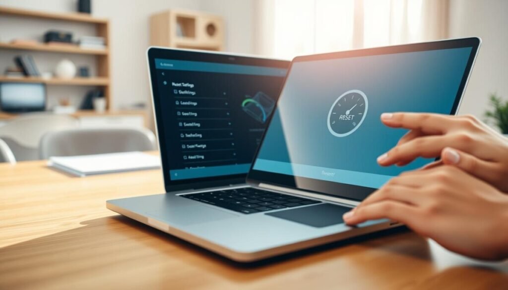 A serene workspace setting featuring a sleek, modern laptop with cooling vents visible, sitting on a polished wooden desk. The foreground shows a close-up of hands deftly navigating on the laptop's touchscreen interface, displaying a digital menu with "Reset All Settings" highlighted. In the middle ground, a subtle thermometer gauge indicates a stable temperature, symbolizing resolution of overheating. The background is softly blurred, revealing a calm home office with bright, natural light pouring in through a window, adding warmth and clarity to the scene. Overall mood is reassuring and professional, emphasizing a sense of control and troubleshooting success in a tech-savvy environment.