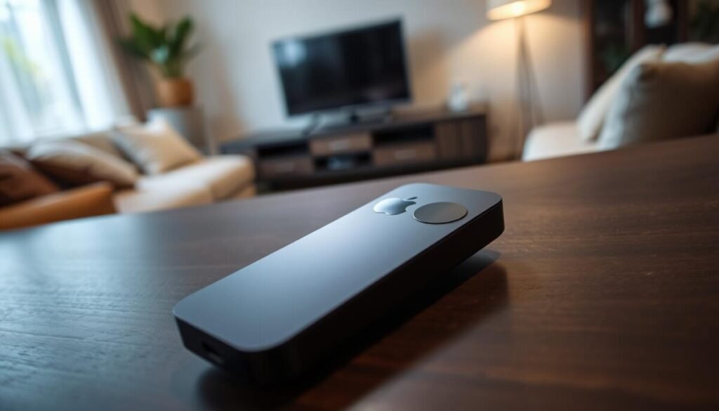 A sleek Apple TV remote, shown in a close-up perspective, rests on a smooth, dark wood surface. The remote features a minimalist design with a glossy black finish, illuminated gently by soft, ambient lighting that highlights its contours and the reflective glass touchpad. In the background, a blurred image of a cozy living room with a TV and plush sofa creates a warm atmosphere, suggesting a comfortable home environment. Soft shadows play across the surface, enhancing the three-dimensionality of the remote. The image should convey a sense of sophistication and modern technology, suitable for a serious article about troubleshooting and configuration fixes. Careful attention should be given to ensure the remote looks polished and prominent in the frame. A sleek Apple TV remote, shown in a close-up perspective, rests on a smooth, dark wood surface. The remote features a minimalist design with a glossy black finish, illuminated gently by soft, ambient lighting that highlights its contours and the reflective glass touchpad. In the background, a blurred image of a cozy living room with a TV and plush sofa creates a warm atmosphere, suggesting a comfortable home environment. Soft shadows play across the surface, enhancing the three-dimensionality of the remote. The image should convey a sense of sophistication and modern technology, suitable for a serious article about troubleshooting and configuration fixes. Careful attention should be given to ensure the remote looks polished and prominent in the frame.