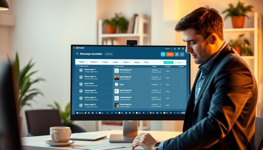 A sleek and modern automation tool interface displayed on a high-resolution computer screen, showcasing a variety of scheduling options for Reddit posts. In the foreground, a professional individual dressed in smart casual clothing analyzes data on the screen. The middle section includes notes and a coffee mug, suggesting a focused workspace atmosphere. The background features a clean office environment with softly blurred shelves of books and plants, creating a sense of calm. The lighting is warm, emulating a productive morning setting. Use a slight low-angle perspective to emphasize the computer screen and the engaging workflow. The overall mood is energetic yet professional, symbolizing efficiency and organization in managing social media engagement. A sleek and modern automation tool interface displayed on a high-resolution computer screen, showcasing a variety of scheduling options for Reddit posts. In the foreground, a professional individual dressed in smart casual clothing analyzes data on the screen. The middle section includes notes and a coffee mug, suggesting a focused workspace atmosphere. The background features a clean office environment with softly blurred shelves of books and plants, creating a sense of calm. The lighting is warm, emulating a productive morning setting. Use a slight low-angle perspective to emphasize the computer screen and the engaging workflow. The overall mood is energetic yet professional, symbolizing efficiency and organization in managing social media engagement.