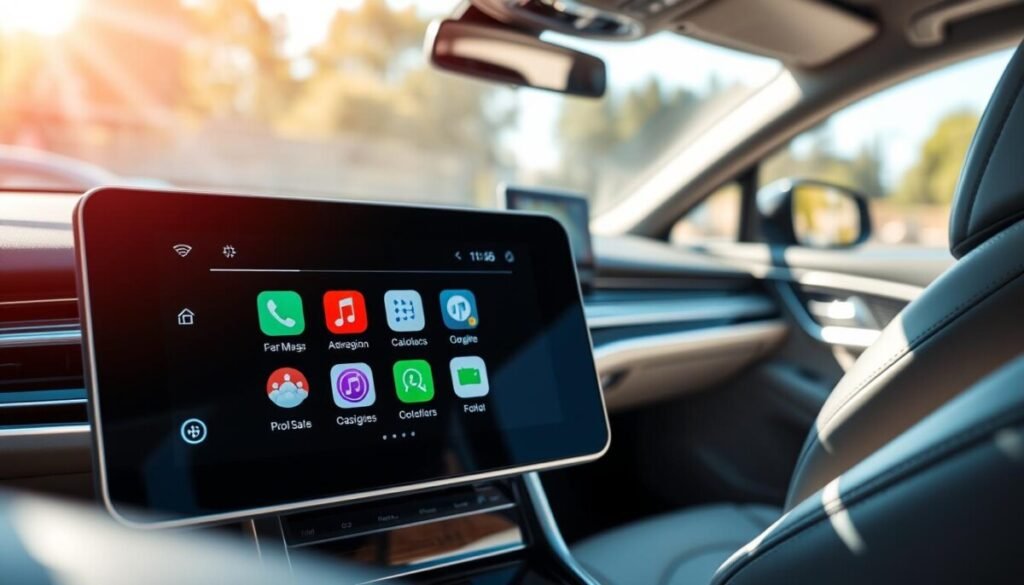 A sleek and modern car infotainment system displayed prominently in the foreground, showcasing a high-resolution touchscreen interface filled with app icons for music, navigation, and connectivity settings. The middle layer features the interior of a luxury car with leather seats and ambient lighting, enhancing the high-tech atmosphere. In the background, soft-focus elements include a stylish dashboard and steering wheel, creating an inviting and futuristic driving environment. The lighting is bright and clear, mimicking sunlight streaming through the windshield, giving a sense of openness and innovation. The angle is slightly angled from above, emphasizing the user-friendly layout and accessibility of the infotainment system, conveying a mood of convenience and modernity. A sleek and modern car infotainment system displayed prominently in the foreground, showcasing a high-resolution touchscreen interface filled with app icons for music, navigation, and connectivity settings. The middle layer features the interior of a luxury car with leather seats and ambient lighting, enhancing the high-tech atmosphere. In the background, soft-focus elements include a stylish dashboard and steering wheel, creating an inviting and futuristic driving environment. The lighting is bright and clear, mimicking sunlight streaming through the windshield, giving a sense of openness and innovation. The angle is slightly angled from above, emphasizing the user-friendly layout and accessibility of the infotainment system, conveying a mood of convenience and modernity.
