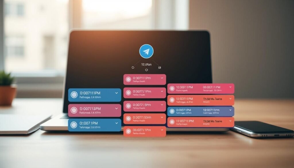 A sleek and modern digital interface showcasing a scheduled messages queue for a messaging app, specifically Telegram. In the foreground, vibrant cards display various messages with timestamps and recipient names, neatly arranged in a vertical list. The middle layer features a user-friendly calendar and clock icon, indicating scheduling functionality, while subtle graphical elements of reminders and notifications enhance the overall composition. In the background, a blurred image of a workspace with a laptop and smartphone sets a professional tone. Soft, diffused lighting casts a warm glow, creating an inviting atmosphere. The angle is slightly tilted for a dynamic perspective, emphasizing efficiency and modern communication. The image is clean and polished, free of any text overlays or distractions, and reflects a sense of organization and productivity. A sleek and modern digital interface showcasing a scheduled messages queue for a messaging app, specifically Telegram. In the foreground, vibrant cards display various messages with timestamps and recipient names, neatly arranged in a vertical list. The middle layer features a user-friendly calendar and clock icon, indicating scheduling functionality, while subtle graphical elements of reminders and notifications enhance the overall composition. In the background, a blurred image of a workspace with a laptop and smartphone sets a professional tone. Soft, diffused lighting casts a warm glow, creating an inviting atmosphere. The angle is slightly tilted for a dynamic perspective, emphasizing efficiency and modern communication. The image is clean and polished, free of any text overlays or distractions, and reflects a sense of organization and productivity.
