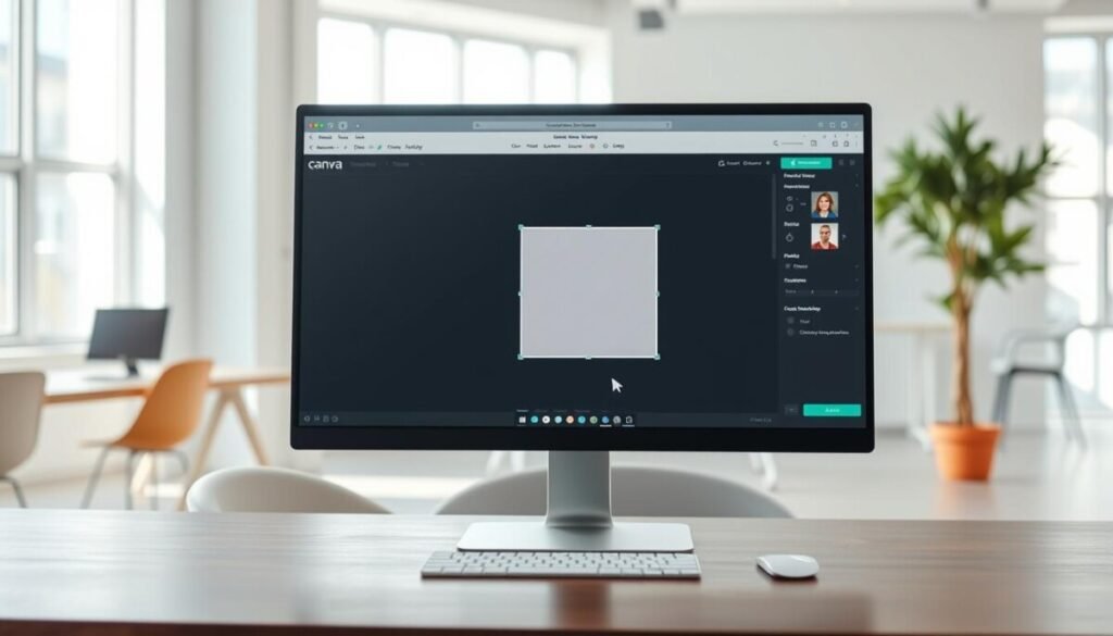 A sleek and modern digital workspace featuring a computer screen displaying the Canva interface. In the foreground, a clear image of a photo with a background that is being dynamically removed, showcasing the before and after effects. The middle ground includes a vibrant color palette typical of Canva’s design style, with various editing tools displayed on the screen. In the background, a bright and airy office environment with natural light streaming through a window, creating an inspiring atmosphere. The scene is captured from a slightly elevated angle, using a shallow depth of field to draw attention to the editing process while hinting at a creative workspace. The overall mood is professional and inviting, emphasizing the ease of removing backgrounds in digital design. A sleek and modern digital workspace featuring a computer screen displaying the Canva interface. In the foreground, a clear image of a photo with a background that is being dynamically removed, showcasing the before and after effects. The middle ground includes a vibrant color palette typical of Canva’s design style, with various editing tools displayed on the screen. In the background, a bright and airy office environment with natural light streaming through a window, creating an inspiring atmosphere. The scene is captured from a slightly elevated angle, using a shallow depth of field to draw attention to the editing process while hinting at a creative workspace. The overall mood is professional and inviting, emphasizing the ease of removing backgrounds in digital design.