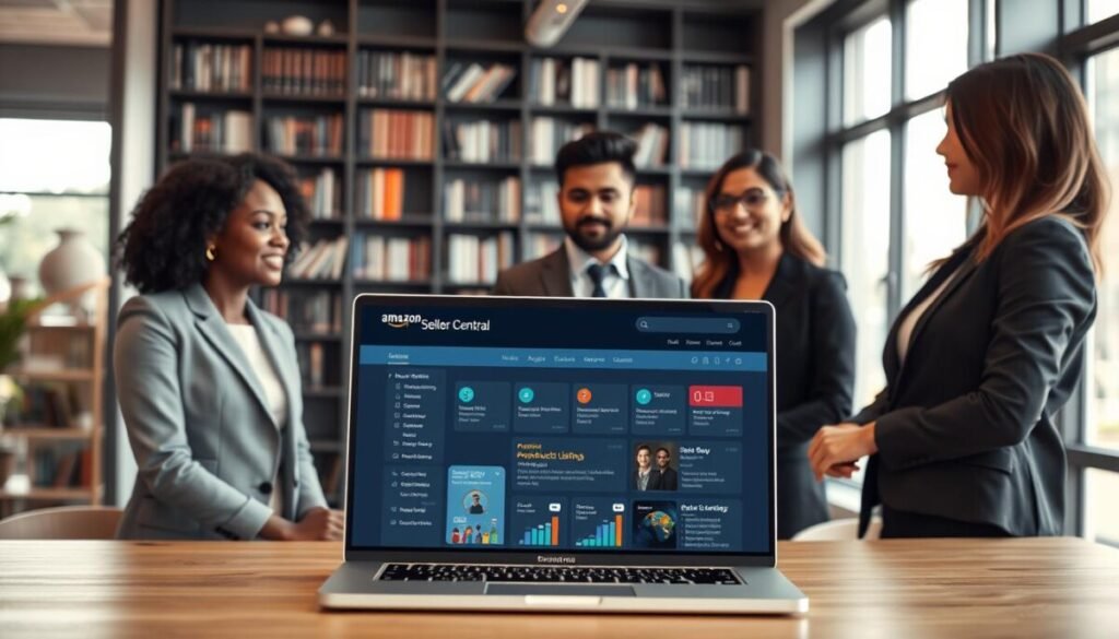 A sleek and modern office environment featuring a laptop displaying the Amazon Seller Central dashboard. In the foreground, a diverse group of three professionals (a Black woman, a South Asian man, and a Caucasian woman) are discussing strategies, all dressed in smart business attire. The middle section shows the laptop clearly, highlighting various sections like "Account Setup" and "Product Listings," with intuitive interface elements visible. In the background, there are bookshelves filled with business books and a large window allowing natural light to flood the room, creating a bright and inviting atmosphere. The overall mood is collaborative and focused, with soft, warm lighting to enhance the professionalism of the setting, shot from a slight angle to showcase the workspace effectively. A sleek and modern office environment featuring a laptop displaying the Amazon Seller Central dashboard. In the foreground, a diverse group of three professionals (a Black woman, a South Asian man, and a Caucasian woman) are discussing strategies, all dressed in smart business attire. The middle section shows the laptop clearly, highlighting various sections like "Account Setup" and "Product Listings," with intuitive interface elements visible. In the background, there are bookshelves filled with business books and a large window allowing natural light to flood the room, creating a bright and inviting atmosphere. The overall mood is collaborative and focused, with soft, warm lighting to enhance the professionalism of the setting, shot from a slight angle to showcase the workspace effectively.
