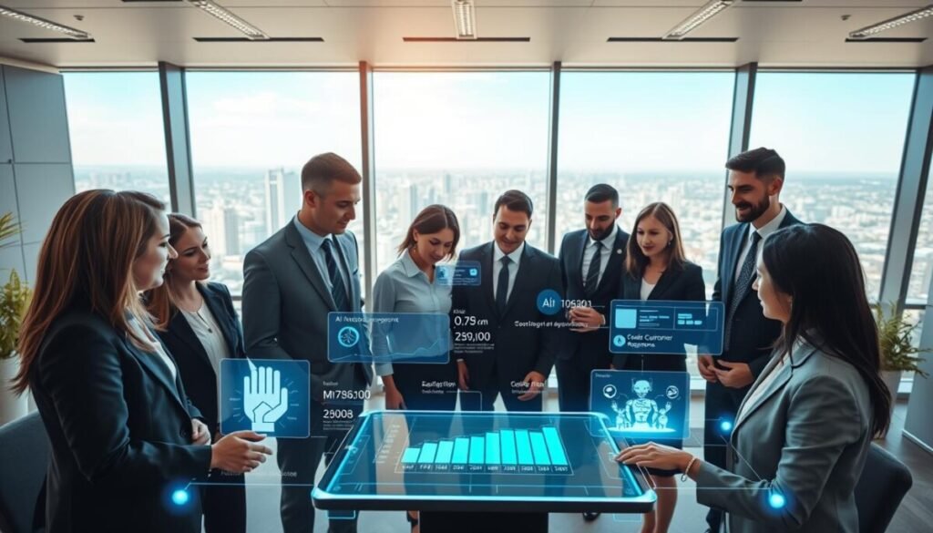 A sleek and modern office environment with a professional, focused atmosphere. In the foreground, a diverse group of business professionals dressed in smart business attire, engaged in a dynamic discussion around a digital tablet displaying automated response analytics. In the middle ground, a futuristic holographic interface showcases various AI automation metrics and chatbot conversations, glowing softly with bluish tones. The background features a large window with a panoramic view of a city skyline, allowing natural light to pour in, giving a bright and optimistic feel. The overall mood is one of innovation and collaboration, emphasizing the harnessing of AI for instant customer support responses. Use a high-angle perspective to enhance the sense of engagement and activity.