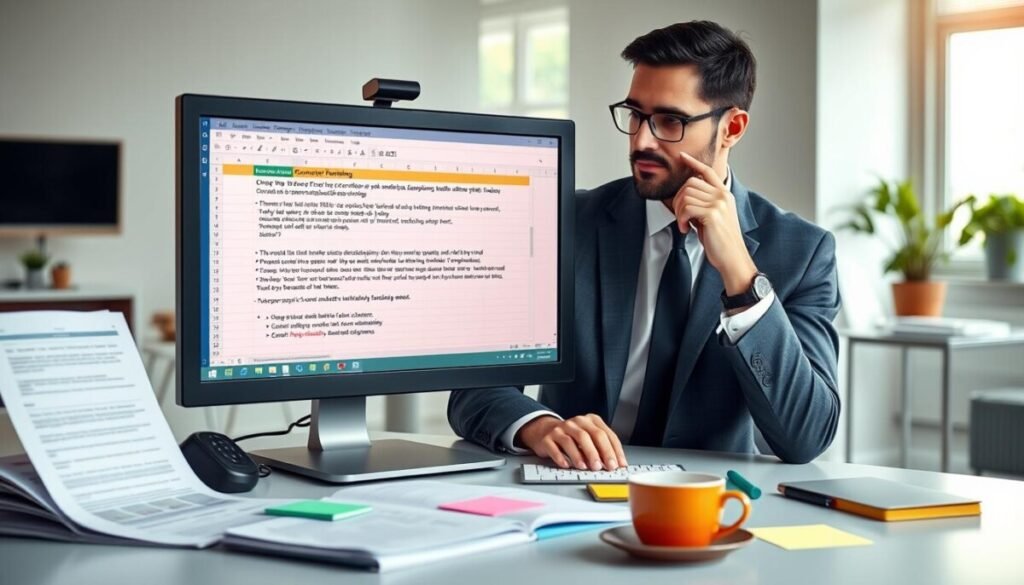 A sleek and modern office setup showcasing a computer screen displaying a colorful error handling message in Excel. The message should reflect clear and informative guidance, using graphics that symbolize error correction, such as warning icons or lightbulbs symbolizing ideas. In the foreground, a professional individual wearing smart business attire is thoughtfully analyzing the data on the screen, showcasing a deep focus on problem-solving. The middle ground features an organized desk with Excel spreadsheets open, colorful sticky notes, and a coffee cup, while the background includes a stylish office environment with soft, bright lighting, creating a productive atmosphere. The overall mood conveys professionalism, clarity, and encouragement, emphasizing effective error handling strategies. A sleek and modern office setup showcasing a computer screen displaying a colorful error handling message in Excel. The message should reflect clear and informative guidance, using graphics that symbolize error correction, such as warning icons or lightbulbs symbolizing ideas. In the foreground, a professional individual wearing smart business attire is thoughtfully analyzing the data on the screen, showcasing a deep focus on problem-solving. The middle ground features an organized desk with Excel spreadsheets open, colorful sticky notes, and a coffee cup, while the background includes a stylish office environment with soft, bright lighting, creating a productive atmosphere. The overall mood conveys professionalism, clarity, and encouragement, emphasizing effective error handling strategies.