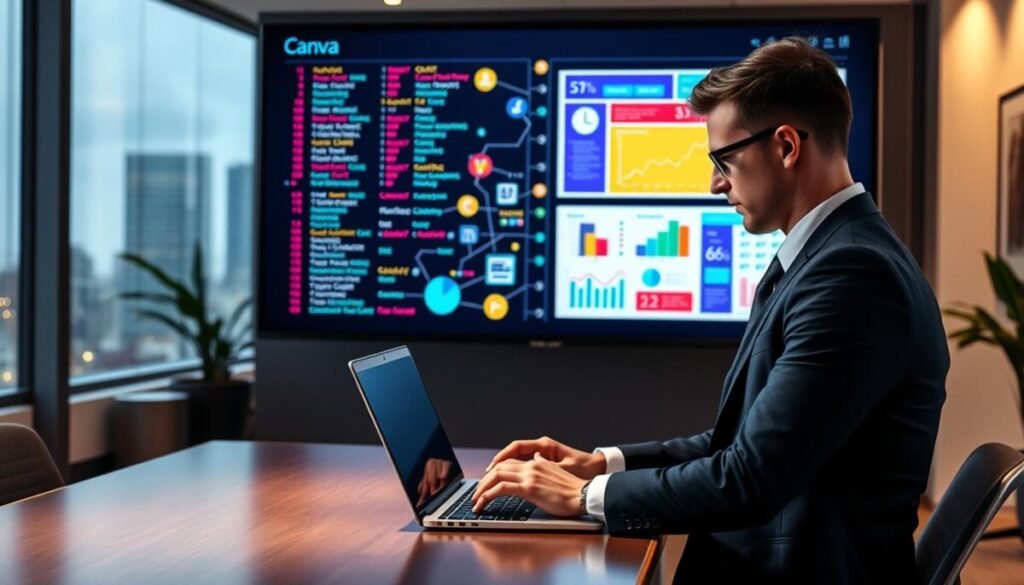 A sleek and modern office workspace showcasing a large digital display screen filled with colorful data fields being mapped to a vibrant design template. In the foreground, a professional individual in smart business attire focuses intently on a laptop, utilizing Canva's interface for bulk creation. The middle ground features a variety of design elements such as charts, graphics, and illustrations, interconnected by dynamic lines representing data flow. The background captures an inspiring work environment with subtle ambient lighting, a large window overlooking a city skyline, and contemporary decor. The mood is one of creativity and efficiency, emphasizing the innovative process of mapping data to design seamlessly. Soft lighting highlights the workspace, creating a warm and inviting atmosphere. A sleek and modern office workspace showcasing a large digital display screen filled with colorful data fields being mapped to a vibrant design template. In the foreground, a professional individual in smart business attire focuses intently on a laptop, utilizing Canva's interface for bulk creation. The middle ground features a variety of design elements such as charts, graphics, and illustrations, interconnected by dynamic lines representing data flow. The background captures an inspiring work environment with subtle ambient lighting, a large window overlooking a city skyline, and contemporary decor. The mood is one of creativity and efficiency, emphasizing the innovative process of mapping data to design seamlessly. Soft lighting highlights the workspace, creating a warm and inviting atmosphere.