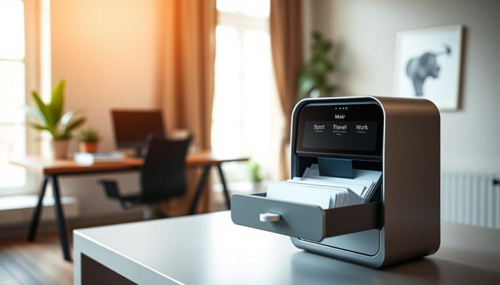A sleek and modern smart mailbox designed for digital organization, featuring a high-tech display panel that indicates sorting by categories such as "Important," "Travel," and "Work." In the foreground, the mailbox is open, revealing neatly organized letters and packages. The middle ground showcases the mailbox sitting comfortably on a stylish, minimalistic table, with a warm and inviting home office setting. In the background, soft-focus, bright natural light streams through a large window, illuminating a few potted plants and a contemporary desk setup. The scene conveys an atmosphere of efficiency and sophistication, highlighting the convenience of advanced organization provided by the smart mailbox. The angle captures the mailbox from a slight upward perspective, enhancing its importance in the workspace.
