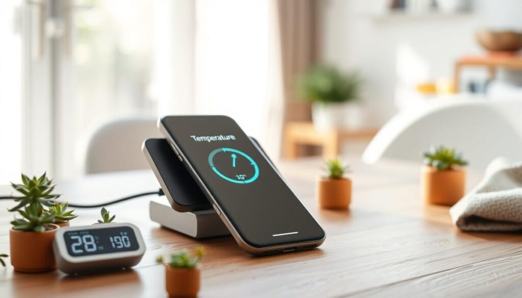 A sleek and modern smartphone placed on a wooden table, with a digital thermometer beside it displaying an optimal temperature range for battery storage. In the foreground, scatter small potted plants and a soft, textured fabric to add warmth. The middle features the smartphone resting against a stylish, minimalist charging station that visually suggests temperature control technology. The background is softly blurred, showcasing a serene home office with natural light streaming in from a window, creating an inviting atmosphere. The lighting is bright but gentle, casting soft shadows that emphasize the contours of the devices. The overall mood conveys a sense of calm and care for technology, highlighting the importance of managing environmental factors for optimal phone battery longevity. A sleek and modern smartphone placed on a wooden table, with a digital thermometer beside it displaying an optimal temperature range for battery storage. In the foreground, scatter small potted plants and a soft, textured fabric to add warmth. The middle features the smartphone resting against a stylish, minimalist charging station that visually suggests temperature control technology. The background is softly blurred, showcasing a serene home office with natural light streaming in from a window, creating an inviting atmosphere. The lighting is bright but gentle, casting soft shadows that emphasize the contours of the devices. The overall mood conveys a sense of calm and care for technology, highlighting the importance of managing environmental factors for optimal phone battery longevity.