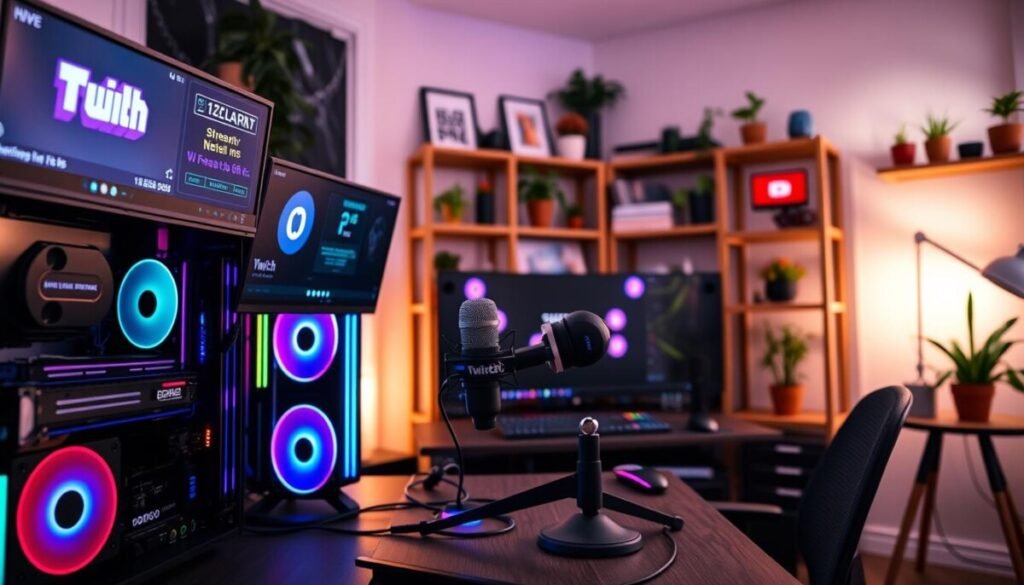 A sleek and modern streaming setup in a cozy home office. In the foreground, a high-end gaming PC with colorful RGB lighting, multiple monitors displaying stream quality metrics and platform logos for Twitch and YouTube. In the middle, a well-organized desk with a professional microphone, webcam, and headphones, all ready for streaming. The background features a softly lit room with wooden shelves adorned with gaming memorabilia and plants, providing a warm and inviting atmosphere. Soft, focused lighting highlights the equipment, creating an energetic yet professional mood. The angle should be slightly elevated, capturing the entire setup while giving a sense of depth and a tech-savvy vibe, ideal for illustrating stream optimization. A sleek and modern streaming setup in a cozy home office. In the foreground, a high-end gaming PC with colorful RGB lighting, multiple monitors displaying stream quality metrics and platform logos for Twitch and YouTube. In the middle, a well-organized desk with a professional microphone, webcam, and headphones, all ready for streaming. The background features a softly lit room with wooden shelves adorned with gaming memorabilia and plants, providing a warm and inviting atmosphere. Soft, focused lighting highlights the equipment, creating an energetic yet professional mood. The angle should be slightly elevated, capturing the entire setup while giving a sense of depth and a tech-savvy vibe, ideal for illustrating stream optimization.
