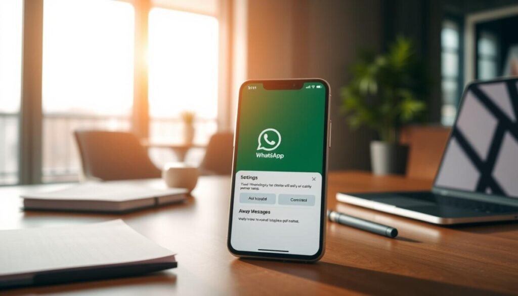 A sleek and modern workspace featuring a smartphone displaying WhatsApp Business interface in the foreground, showcasing the "Away Messages" settings. The phone is elegantly placed on a wooden desk, surrounded by business essentials like a notepad, pen, and a laptop. In the middle, a soft-focus background reveals a stylish office environment with a large window allowing natural light to flood the space, casting gentle shadows. The atmosphere is professional yet inviting, suggesting productivity and organization. The lighting is bright and warm, emphasizing clarity and focus, while the angle captures the phone prominently, highlighting its user-friendly interface. The overall mood conveys efficiency and modern business communication tools. A sleek and modern workspace featuring a smartphone displaying WhatsApp Business interface in the foreground, showcasing the "Away Messages" settings. The phone is elegantly placed on a wooden desk, surrounded by business essentials like a notepad, pen, and a laptop. In the middle, a soft-focus background reveals a stylish office environment with a large window allowing natural light to flood the space, casting gentle shadows. The atmosphere is professional yet inviting, suggesting productivity and organization. The lighting is bright and warm, emphasizing clarity and focus, while the angle captures the phone prominently, highlighting its user-friendly interface. The overall mood conveys efficiency and modern business communication tools.