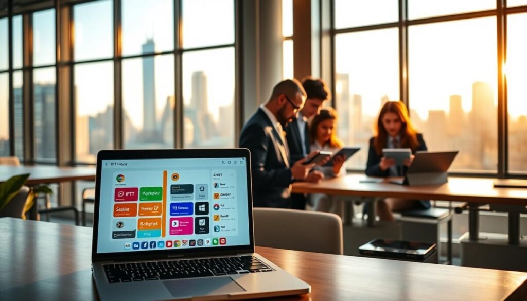 A sleek and modern workspace filled with advanced automation technology. In the foreground, a laptop displaying a vibrant interface of IFTTT and Zapier side by side, showcasing colorful icons and seamless integrations. The middle ground features a diverse group of three professionals in business attire, intently discussing and analyzing data on their tablets. In the background, large windows reveal a dynamic city skyline bathed in warm, natural light, creating an inviting atmosphere. Soft shadows enhance the high-tech gadgets on the desks, merging the feeling of innovation and collaboration. The overall mood is energetic yet focused, highlighting the power and potential of automation and AI in personal productivity. A sleek and modern workspace filled with advanced automation technology. In the foreground, a laptop displaying a vibrant interface of IFTTT and Zapier side by side, showcasing colorful icons and seamless integrations. The middle ground features a diverse group of three professionals in business attire, intently discussing and analyzing data on their tablets. In the background, large windows reveal a dynamic city skyline bathed in warm, natural light, creating an inviting atmosphere. Soft shadows enhance the high-tech gadgets on the desks, merging the feeling of innovation and collaboration. The overall mood is energetic yet focused, highlighting the power and potential of automation and AI in personal productivity.
