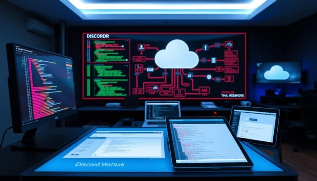 A sleek and modern workspace showcasing programmatic webhook management, with a high-tech computer desk in the foreground displaying a sophisticated code editor, glowing with vibrant colors from the screen's data visualizations. The middle ground features an organized array of technical devices like a laptop and tablet, illustrating an interface for managing Discord webhooks, with code snippets and API keys visible. In the background, a large digital wall chart graphically represents data flow and automation processes seamlessly integrating into a cloud environment, under ambient soft blue lighting. The mood conveys innovation and productivity, suggesting a dynamic atmosphere of tech-driven collaboration and efficiency, with no people present, focusing entirely on the technology and workspace design.