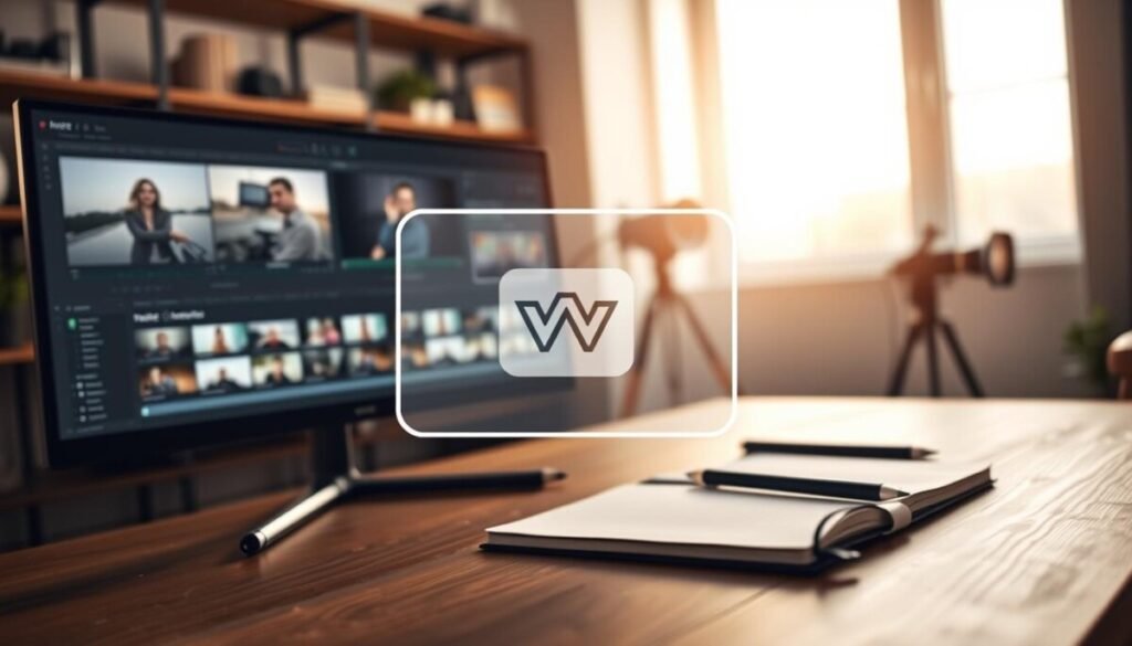A sleek, contemporary video editing workspace in a well-lit room, with a high-resolution monitor displaying a timeline of video footage. In the foreground, a transparent, digital video watermark symbol – an abstract, minimalistic design featuring a subtle logo and light opacity, representing the concept of watermarking. The middle ground showcases professional editing tools like a stylus and notebook, emphasizing creativity and professionalism. The background is softly blurred, hinting at shelves with film equipment and a window offering natural light, enhancing the atmosphere. Warm lighting creates an inviting yet focused mood, illustrating the importance of removing watermarks for polished video content. The image should convey clarity and professionalism, avoiding distractions or unrelated elements.