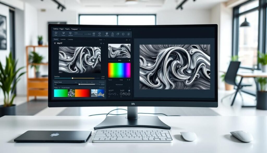 A sleek digital workspace featuring an advanced editing software interface displaying both WebP and PNG images side by side. In the foreground, there are vibrant color palettes, sliders for brightness and contrast, and sharp adjustment tools. The middle section captures a stylish desktop with dual monitors, one showing detailed editing options while the other displays a high-resolution image transformation. The background includes a creative office space, softly lit with natural light, and modern decor that emanates a professional yet innovative atmosphere. The composition highlights a sense of sophistication and technological advancement in digital image editing, perfect for showcasing advanced customization options. A sleek digital workspace featuring an advanced editing software interface displaying both WebP and PNG images side by side. In the foreground, there are vibrant color palettes, sliders for brightness and contrast, and sharp adjustment tools. The middle section captures a stylish desktop with dual monitors, one showing detailed editing options while the other displays a high-resolution image transformation. The background includes a creative office space, softly lit with natural light, and modern decor that emanates a professional yet innovative atmosphere. The composition highlights a sense of sophistication and technological advancement in digital image editing, perfect for showcasing advanced customization options.