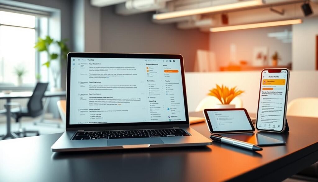 A sleek digital workspace showcasing the innovative features of an AI-enhanced notes app. In the foreground, a modern laptop displays a vibrant screen filled with organized notes, AI-generated suggestions, and highlighted reminders. Scattered around the laptop are digital devices—an iPad and an iPhone—each showcasing different features like handwriting recognition and smart categorization. In the middle ground, a stylish desk with minimalistic design elements, including a potted plant and a stylish pen, adds a touch of sophistication. The background features a soft-focus view of a contemporary office environment with natural light streaming in through a window, creating an inviting atmosphere. The overall mood is inspiring and futuristic, emphasizing the seamless integration of technology and productivity. Bright, warm lighting enhances the atmosphere, inviting viewers to explore the potential of AI in note-taking. A sleek digital workspace showcasing the innovative features of an AI-enhanced notes app. In the foreground, a modern laptop displays a vibrant screen filled with organized notes, AI-generated suggestions, and highlighted reminders. Scattered around the laptop are digital devices—an iPad and an iPhone—each showcasing different features like handwriting recognition and smart categorization. In the middle ground, a stylish desk with minimalistic design elements, including a potted plant and a stylish pen, adds a touch of sophistication. The background features a soft-focus view of a contemporary office environment with natural light streaming in through a window, creating an inviting atmosphere. The overall mood is inspiring and futuristic, emphasizing the seamless integration of technology and productivity. Bright, warm lighting enhances the atmosphere, inviting viewers to explore the potential of AI in note-taking.