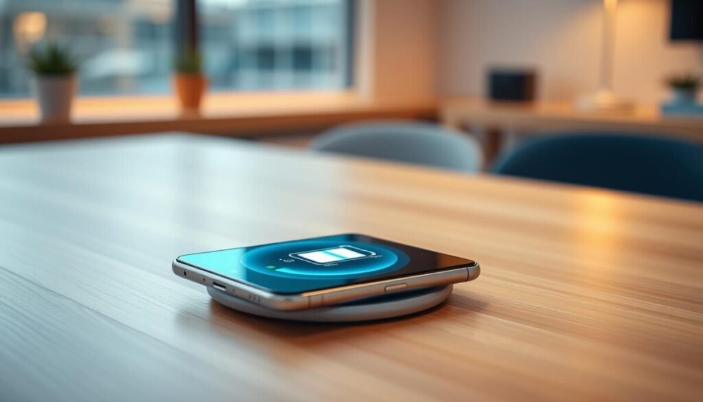 A sleek, futuristic iPhone resting on a minimalist wooden desk, with the screen displaying a visually captivating animation of a battery charging. The foreground features a gently glowing battery icon, surrounded by subtle data animations representing energy flow and efficiency. In the middle ground, a wireless charging pad is prominently placed, showcasing its elegant design and technological prowess. The background has an ambient blur of a modern workspace with soft lighting, emphasizing a tranquil and productive atmosphere. The scene is lit with warm, soft lighting, creating a calm mood, while a subtle focus pull highlights the iPhone's design and charging details.