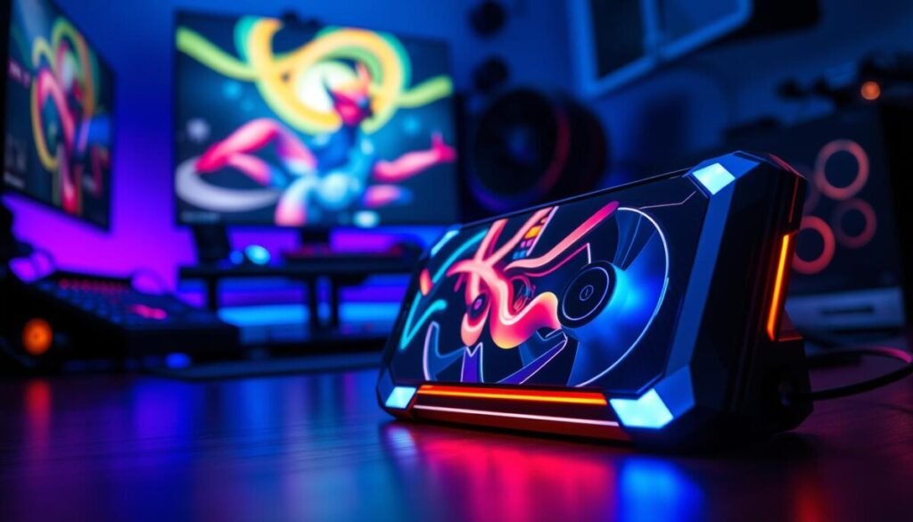 A sleek gaming phone cooler designed for optimal performance, showcased prominently in the foreground with a metallic finish and glowing LED lights. The cooler is slightly angled to reveal its cooling fans and intricate design, capturing attention. In the middle ground, a high-end gaming smartphone is resting against the cooler, displaying a vibrant game screen illuminated by dynamic colors. In the background, a dimly lit gaming setup can be seen, featuring RGB lighting, gaming accessories, and a stylish desk. The atmosphere conveys excitement and innovation, with a focus on modern technology. The lighting is soft yet dynamic, highlighting the cooler's sleek features and creating an engaging, high-tech mood. Shot from a low angle to emphasize the cooler's design and performance. A sleek gaming phone cooler designed for optimal performance, showcased prominently in the foreground with a metallic finish and glowing LED lights. The cooler is slightly angled to reveal its cooling fans and intricate design, capturing attention. In the middle ground, a high-end gaming smartphone is resting against the cooler, displaying a vibrant game screen illuminated by dynamic colors. In the background, a dimly lit gaming setup can be seen, featuring RGB lighting, gaming accessories, and a stylish desk. The atmosphere conveys excitement and innovation, with a focus on modern technology. The lighting is soft yet dynamic, highlighting the cooler's sleek features and creating an engaging, high-tech mood. Shot from a low angle to emphasize the cooler's design and performance.