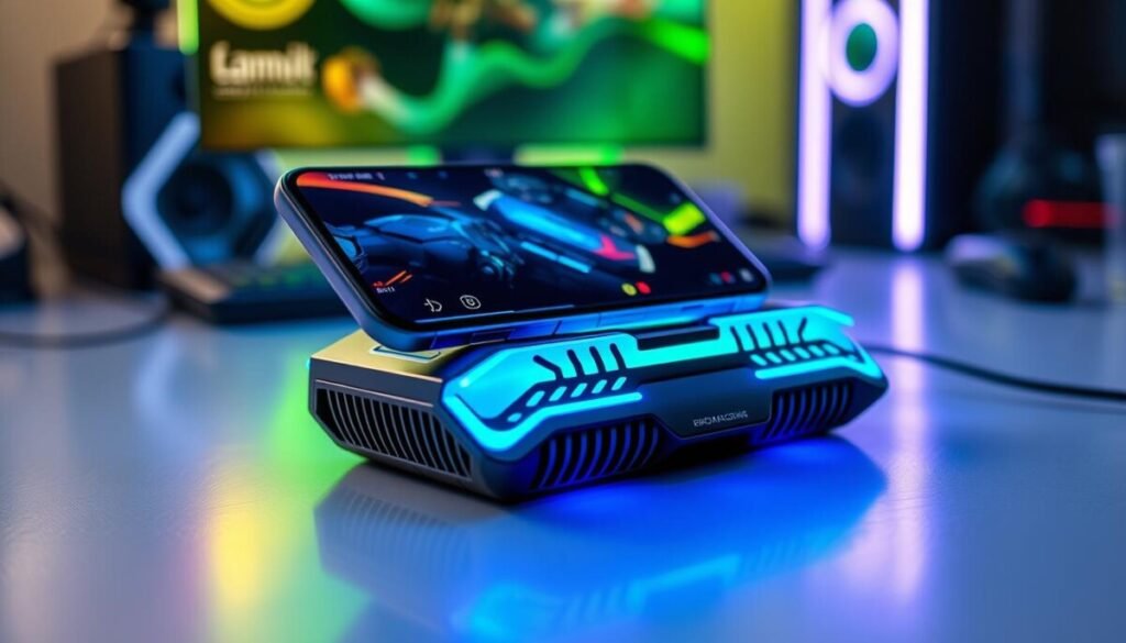 A sleek magnetic phone cooler designed for gaming devices, prominently displayed in the foreground. The cooler features a futuristic design with a glossy black finish, intricate cooling fins, and vibrant LED lighting that pulses in colors of blue and green. In the middle ground, a high-end gaming smartphone is shown, mounted on the cooler, showcasing its dynamic gaming interface. The background features a blurred gaming setup with neon lights, enhancing the techy atmosphere. Soft, diffused lighting highlights the contours of the cooler, casting subtle reflections on the surface. The angle is slightly elevated, capturing both the cooler and phone in a dramatic view that emphasizes functionality and aesthetic appeal. The mood is energetic and cutting-edge, perfect for tech enthusiasts.