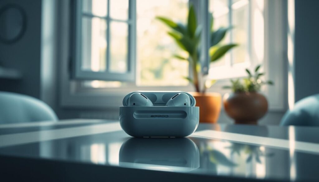 A sleek, modern AirPods charging case nestled on a reflective surface, surrounded by cool-toned elements to evoke a sense of calm and technology. In the foreground, the case is positioned prominently, showcasing its glossy finish. The middle ground features an open window with soft sunlight streaming in, creating gentle shadows that highlight the contours of the case. Background elements include a subtle, blurred greenery outside to emphasize freshness, suggesting a well-ventilated environment. Use soft lighting to create a serene atmosphere, focusing on a wide-angle lens effect to capture the expanse around the case. Overall, the mood should be serene and tech-focused, illustrating practical solutions for keeping electronic devices cool.
